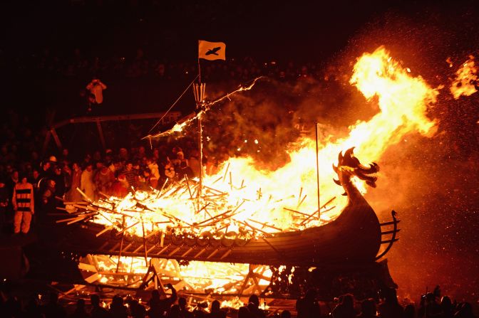 The Up Helly Aa festival culminates with the torching of a Viking-style galley ship.