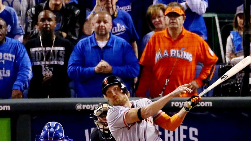 Hunter Pence of the San Francisco Giants hits a two run home run in the first inning against the Kansas City Royals during Game One of the 2014 World Series at Kauffman Stadium on October 21, 2014 in Kansas City, Missouri.