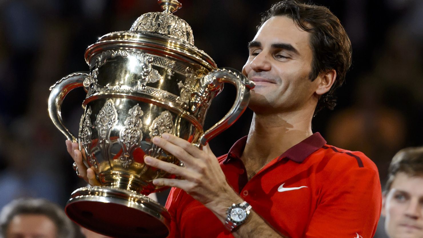 Roger Federer lifts the trophy in Basel for the sixth time after beating David Goffin in the final.