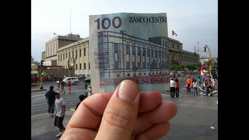 "Sometime in 2007, I came across a collection of photos where a person replaced famous landmarks with souvenirs or postcards in the foreground," says Ryan McFarland. He traveled to the Central Reserve Bank of Peru in Lima in 2009, where he <a href="index.php?page=&url=http%3A%2F%2Fireport.cnn.com%2Fdocs%2FDOC-1182281">matched up Peruvian money</a> to the bank.  