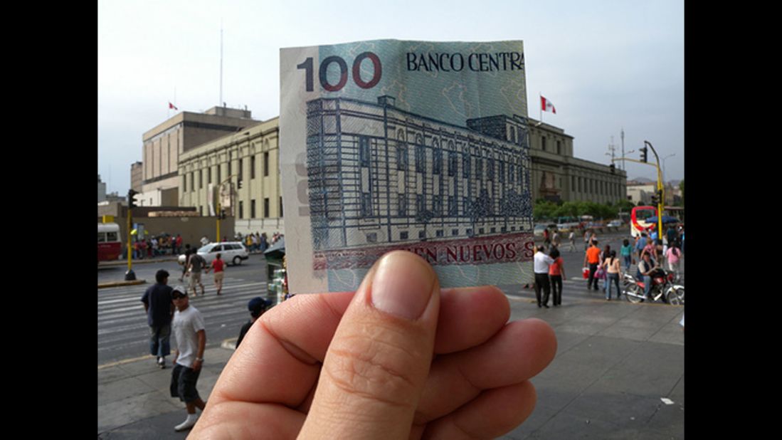 "Sometime in 2007, I came across a collection of photos where a person replaced famous landmarks with souvenirs or postcards in the foreground," says Ryan McFarland. He traveled to the Central Reserve Bank of Peru in Lima in 2009, where he <a href="http://ireport.cnn.com/docs/DOC-1182281">matched up Peruvian money</a> to the bank.  