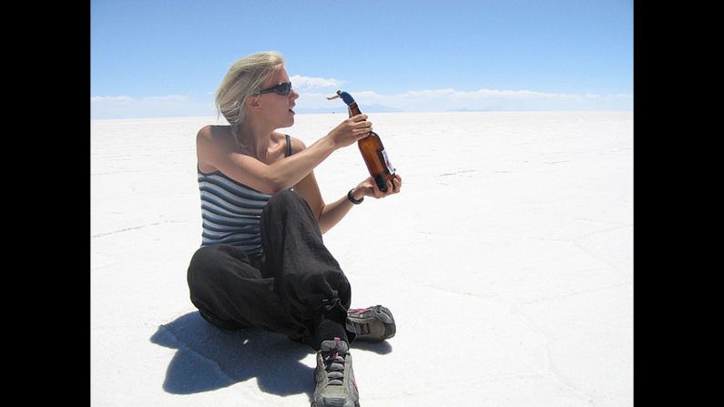 While visiting Bolivia's salt flats, Salar de Uyuni, you can see many people taking forced perspective photos. Former tour guide <a href="index.php?page=&url=http%3A%2F%2Fireport.cnn.com%2Fdocs%2FDOC-1174023">Michael Moe</a> has had a lot of practice taking these types of photos -- he is the man coming out of the bottle in this 2007 photo. "There just aren't very many places in the world that you can take these kind of pictures," he said.