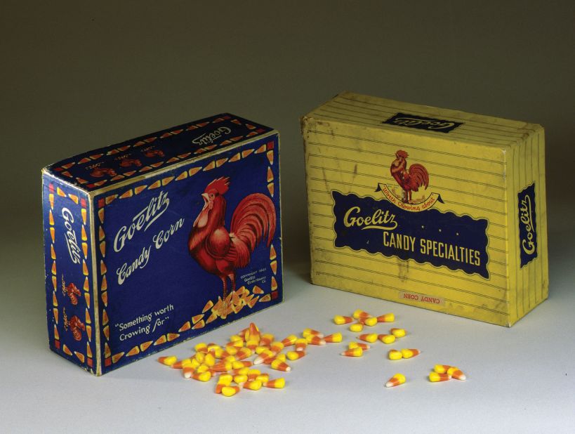 The blue Goelitz box from the mid-1900s promises "something worth crowing for." Today, Brach's and Jelly Belly are the two leading U.S. candy corn manufacturers.