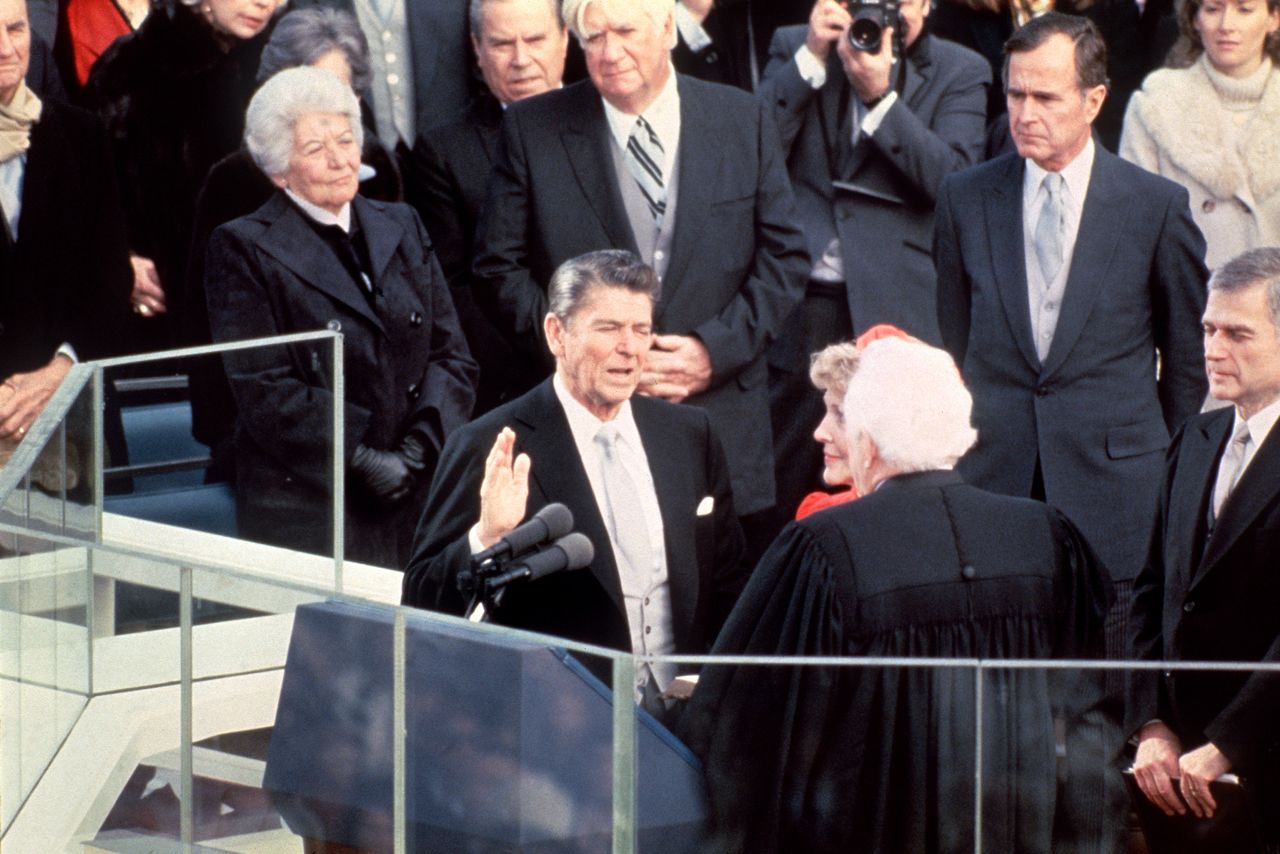 U.S. President Ronald Reagan is sworn into office on January 20, 1981. President Carter's inability to successfully negotiate the release of the hostages had become a major political liability.