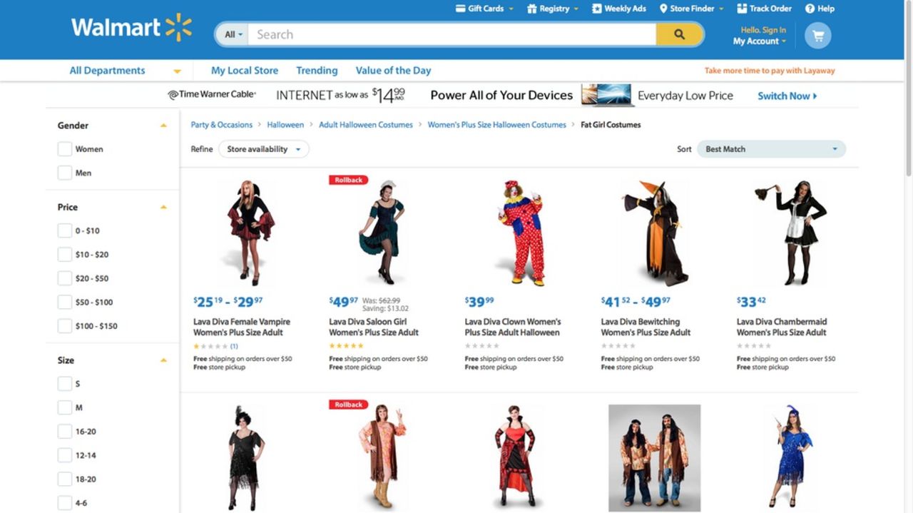 "Not sure labeling these as 'Fat Girl Costumes' is the best approach." Twitter user Kristyn Washburn <a href="https://twitter.com/ItsWithaY/status/524671356550787073/photo/1" target="_blank" target="_blank">tweeted</a> at Walmart on October 21, after discovering how the plus-size Halloween costumes for women were labeled. The retail giant apologized six days later, after <a href="http://jezebel.com/walmarts-website-features-a-section-of-fat-girl-costum-1651125569" target="_blank" target="_blank">media outlets like Jezebel</a> reported on the classification. It's currently investigating how the labeling occurred. "This never should have been on our site. It is unacceptable and we apologize," said Ravi Jariwala, a spokesperson for Walmart. "We worked quickly to remove it this morning and are taking additional steps to ensure this never happens again."