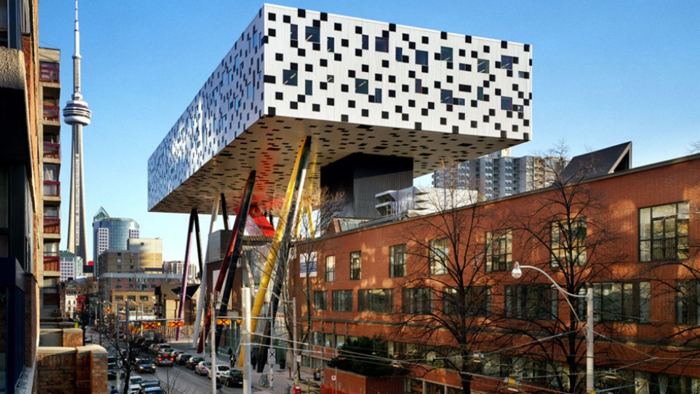 Why build a regular school when you can make a stunning one? Architect <a href="http://www.all-worldwide.com/who/us/?id=1348" target="_blank" target="_blank">Will Aslop</a> answered that thought with the fun and colorful Sharp Centre for the Ontario College of Art and Design in Toronto, which balances on thin stilts.