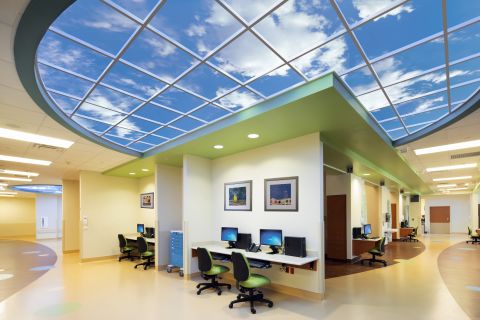 The Sky Factory specialize in "illusions of nature." Their trademark Luminous SkyCeilings, pictured, are photographic illusions of real skies. Research indicates that illusory skies engage areas of the brain involved in spatial cognition, triggering a "relaxation response."  