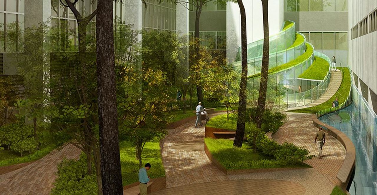Global architecture firm HOK came up with this design for a proposed healing garden at Walter Reed National Military Medical Center in Maryland in the U.S.. They say that planted earth forms and a water wall would provide a series of public and private spaces that help to relax the treatment environment.