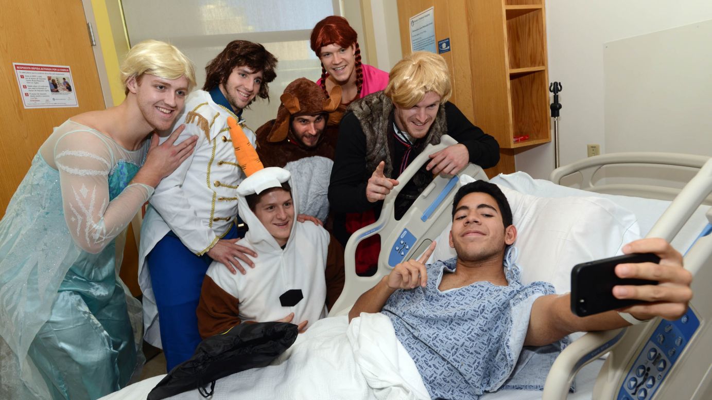 Hockey players with the Boston Bruins dressed up as characters from the Disney movie "Frozen" when they visited a children's hospital in Boston on Friday, October 24. From left are Dougie Hamilton, Seth Griffith, Torey Krug, Matt Bartkowski, Matt Fraser and Kevan Miller. 