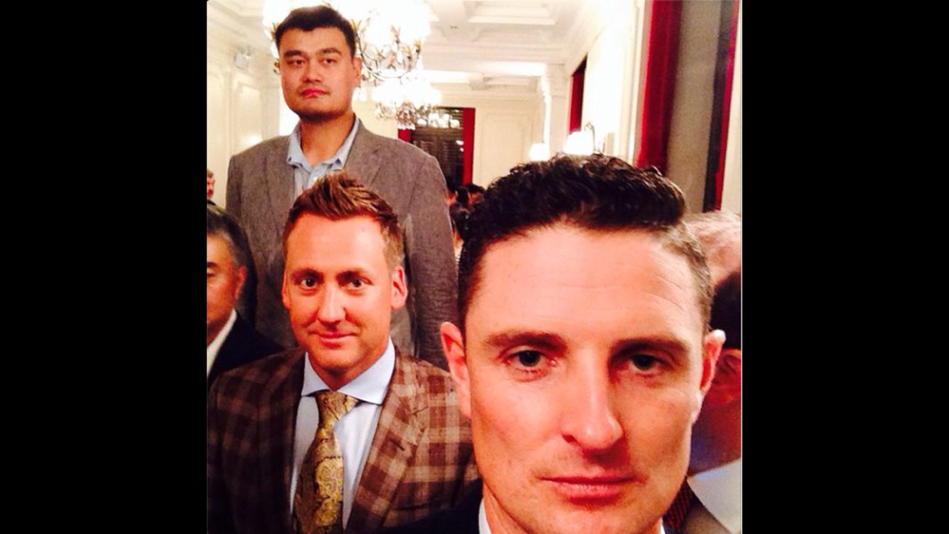 Former NBA basketball star Yao Ming towers over professional golfer Ian Poulter in <a href="http://instagram.com/p/uiH8bputxs/?modal=true" target="_blank" target="_blank">this selfie</a> posted by golfer Justin Rose, seen at right, on Friday, October 24. "Stand up @ianjamespoulter !!#WowYao," Rose wrote on Instagram.