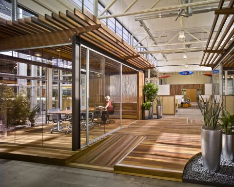 Biophilic design has experienced a boom in recent years, with design firms responding to clients keen to incorporate the human benefits of nature into the workplace. This is a photograph of the interior of Clif Bar and Company's HQ in California, designed by ZGF Architects LLP.