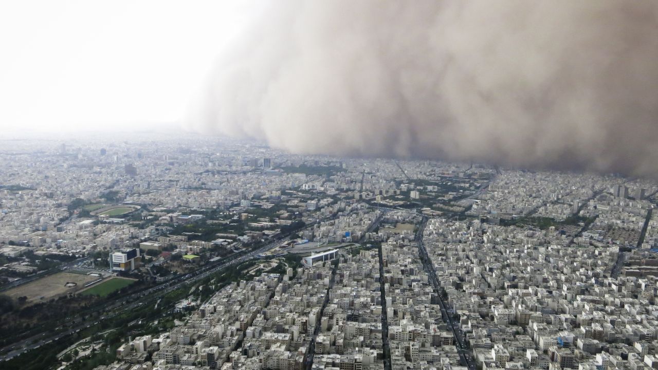 A intense sandstorm engulfs Tehran, seen from the top of the Milad Tower.