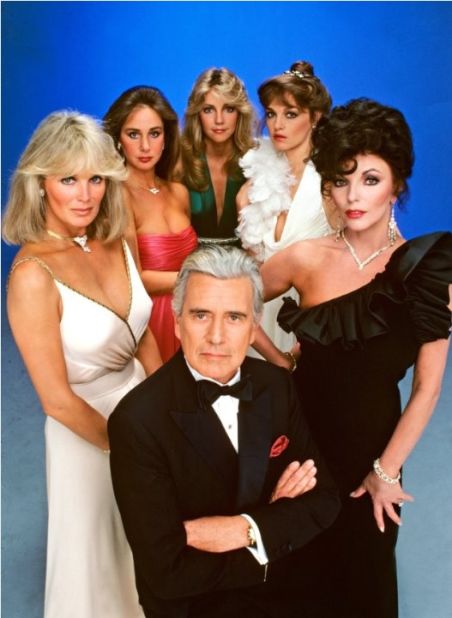 Fabulously over-the-top gowns with ruffled embellishments were showcased by the 1983 cast of hit TV show Dynasty.