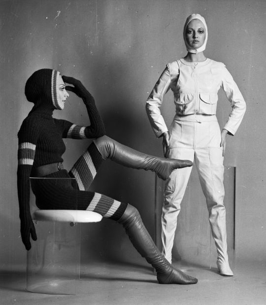  All-in-one, knitted wool, catsuits designed and modeled by Shirley Belljohn (left), in 1968. 