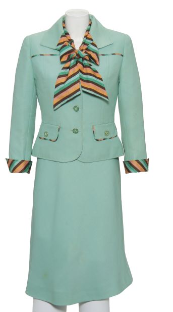 This dress suit, worn by Margaret Thatcher in 1975, is one of the outfits on show in the exhibition. 