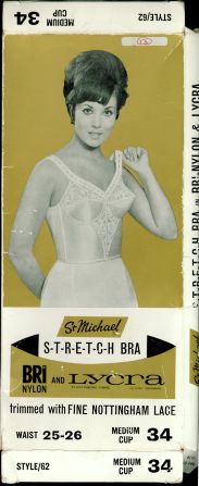 Vintage packaging from British heritage brand, Marks and Spencer, for nylon brassiere with lace detail, also on show at the museum. 