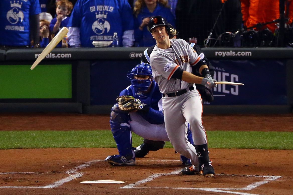 San Francisco Giants catcher Buster Posey breaks his bat in the first inning of Game 7 of the 2014 World Series at Kauffman Stadium on October 29 in Kansas City, Missouri.
