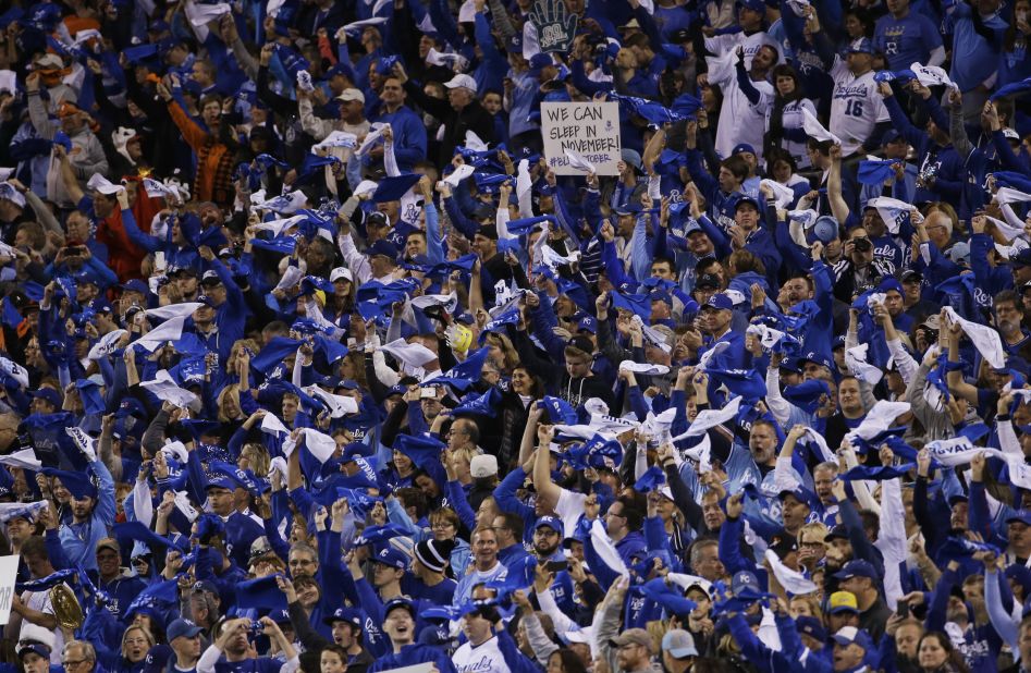 Fans wave towels before Game 7 of baseball's World Series between the Kansas City Royals and the San Francisco Giants on October 29 in Kansas City, Missouri.