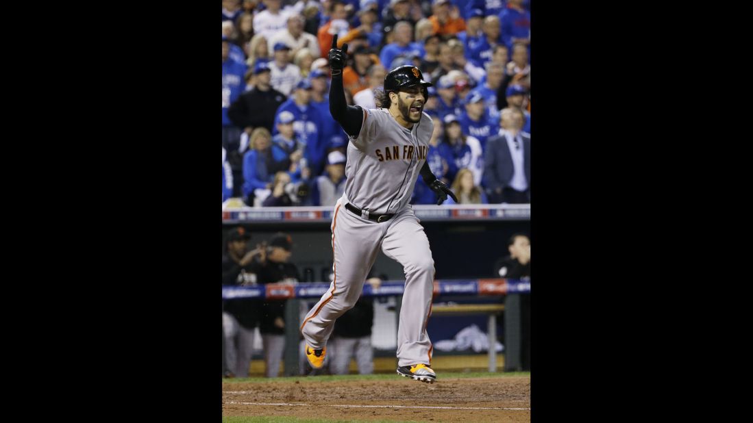 San Francisco Giants' Michael Morse reacts after hitting an RBI single during the fourth inning of Game 7 of baseball's World Series against the Kansas City Royals on October 29 in Kansas City, Missouri.