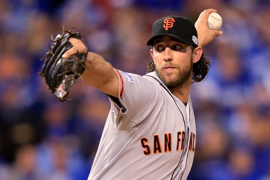 Madison Bumgarner of the San Francisco Giants pitches against the Kansas City Royals in the fifth inning during Game 7 of the 2014 World Series at Kauffman Stadium on October 29 in Kansas City, Missouri.