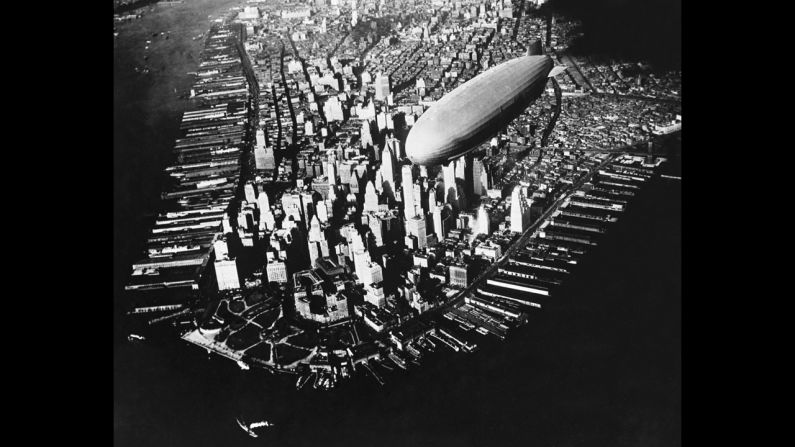This aerial photograph from 1910 shows a Zeppelin dirigible flying over Manhattan. Aerial photography has existed since the mid-1800s, giving people a unique perspective of their planet. 