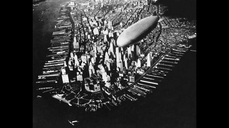 This aerial photograph from 1910 shows a Zeppelin dirigible flying over Manhattan. Aerial photography has existed since the mid-1800s, giving people a unique perspective of their planet. 