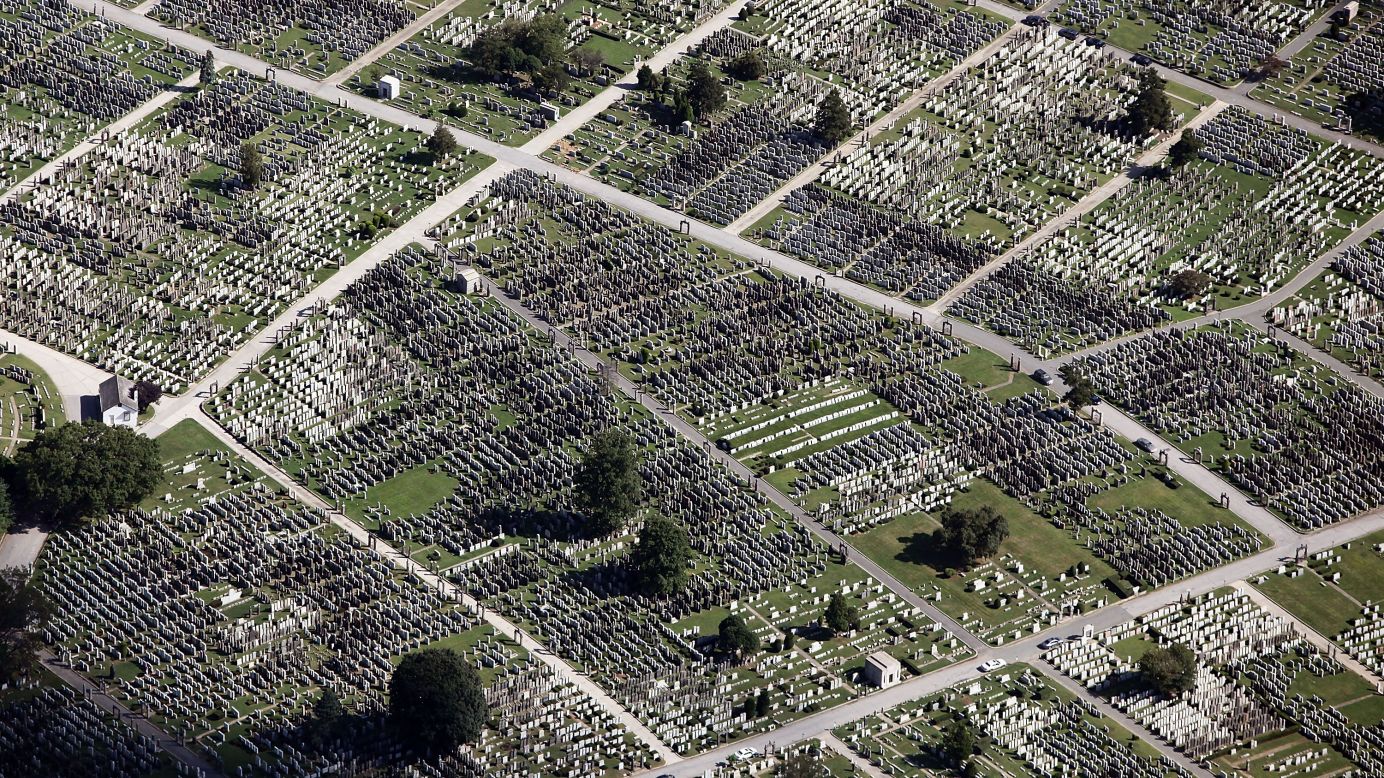 This aerial image taken in 2009 shows a cemetery in the Queens borough of New York City.  