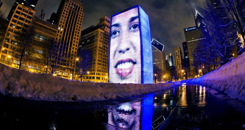 Chicago's Crown Fountain uses LEDs to display videos of Chicago residents on two glass towers. The clips show them puffing out their cheeks as water shoots out of a concealed nozzle.