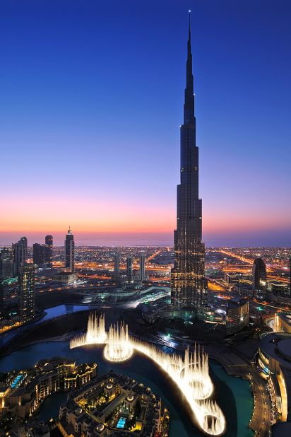 The Dubai Fountain sits in front of the Burj Khalifa and features five rings of jets that can shoot water 50 stories high.