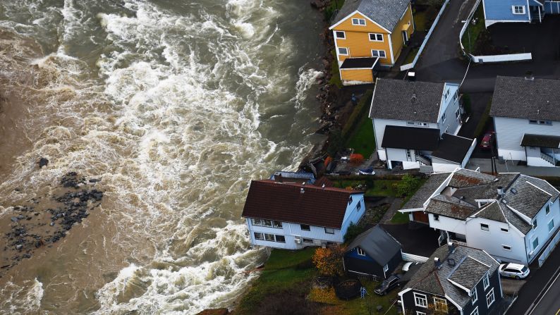 Floodwaters threaten homes in Voss, Norway, on Wednesday, October 29. 