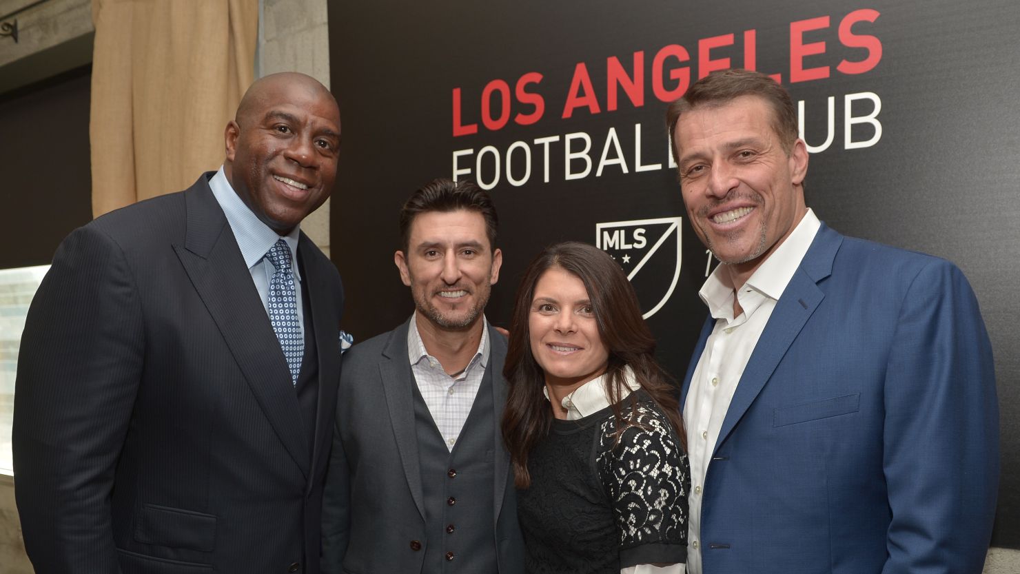 Los Angeles Football Club co-owners Magic Johnson, Nomar Garciaparra, Mia Hamm and Tony Robbins at the club's launch. 