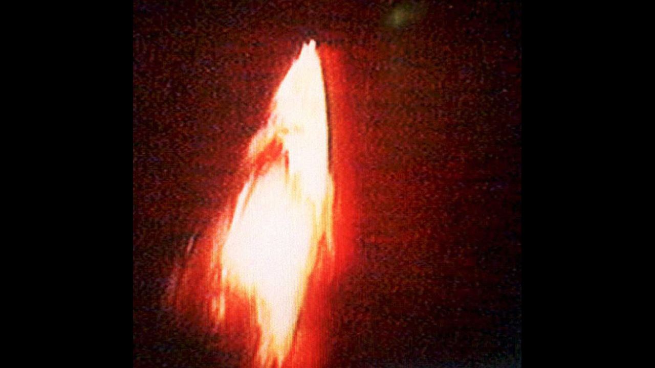 This photo taken from Chinese television in January 1995 shows a Chinese Long March rocket exploding above its launchpad, killing six people and injuring 23 others.