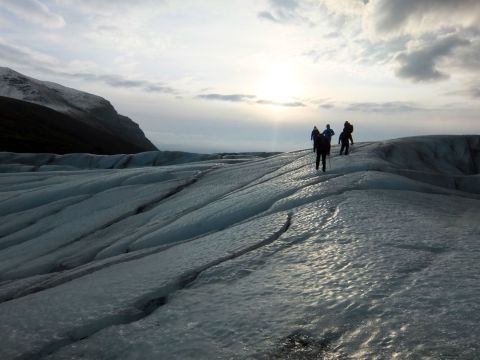 The glacier is constantly shifting shape as it pushes down the mountain and melts and freezes under warm daylight and freezing nights. 