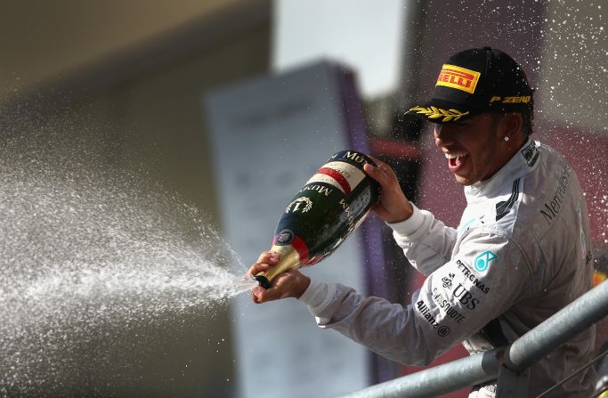 Lewis Hamilton of Mercedes celebrates after winning the U.S. Grand Prix at the Circuit of the Americas in Austin, Texas.