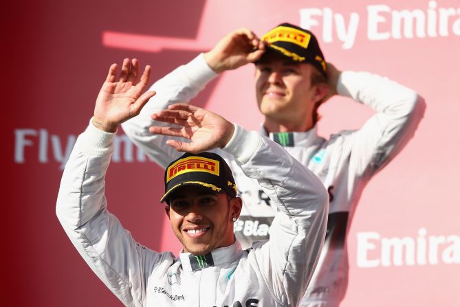 With just two races of the season to go it will be a straight shoot out between the Mercedes pair, seen here donning a sponsors hat, to decide the 2014 champion.