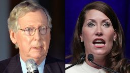 Left: Kentucky Sen. Mitch McConnell, and right,  U.S. Senate Democratic candidate and Kentucky Secretary of State Alison Lundergan Grimes.