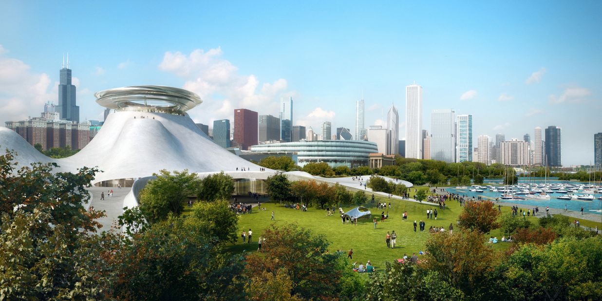 Designed by Beijing-based MAD Architects, the museum will have three levels of exhibition space and an observation deck with panoramic views of Chicago and Lake Michigan. 