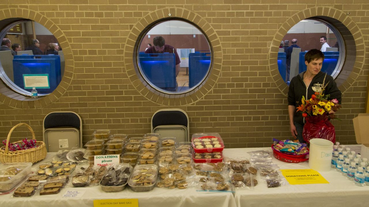 A bake sale is held outside Jefferson Elementary School, a polling place in Milwaukee.