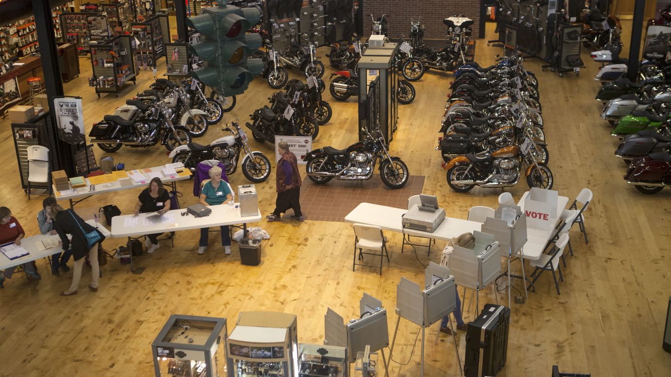 People vote inside the Frontier-Harley Davidson store in Lincoln, Nebraska.