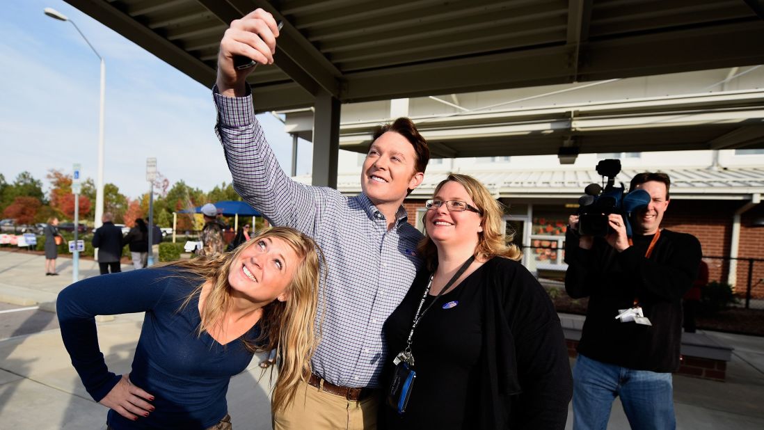 Clay Aiken, the former "American Idol" star running for Congress, joins supporters for a selfie after voting in Cary, North Carolina. Aiken was not able to unseat incumbent Renee Ellmers.