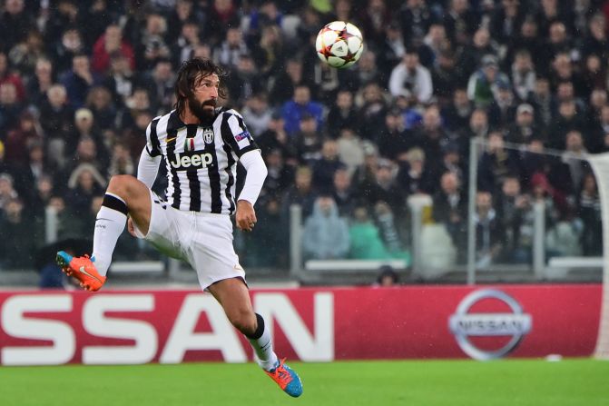 Andrea Pirlo, the magnificently bearded Juventus midfielder, marked his 100th Champions League appearance by scoring a delightful free kick in the 3-2 win over Olympiakos.
