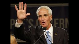 Crist waves to a crowd of supporters after delivering his concession speech in Tampa, Florida, on November 4.