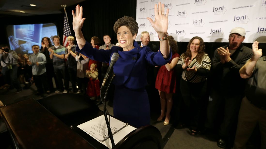 Joni Ernst speaks to supporters during an election night rally in West Des Moines, Iowa, on Tuesday, November 4. Ernst defeated Democratic U.S. Rep. Bruce Braley in the race to replace retiring U.S. Sen. Tom Harkin.