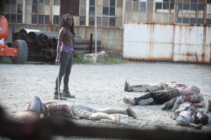 Michonne (Danai Gurira) slays a group of walkers at a makeshift arena in season three.
