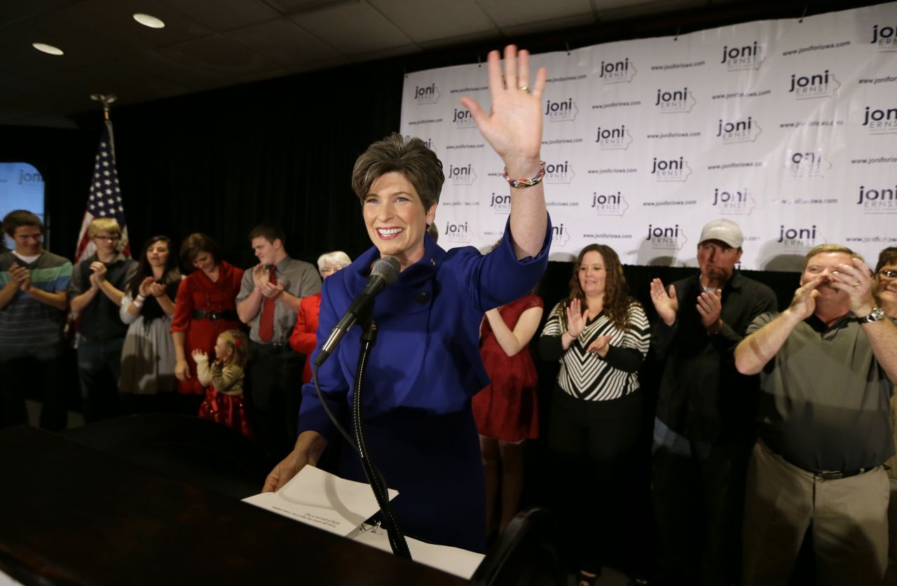 Republican Joni Ernst won the Iowa Senate seat, which formerly belonged to her Democratic challenger Bruce Braley. She is the first woman to represent Iowa in the U.S. Senate. 