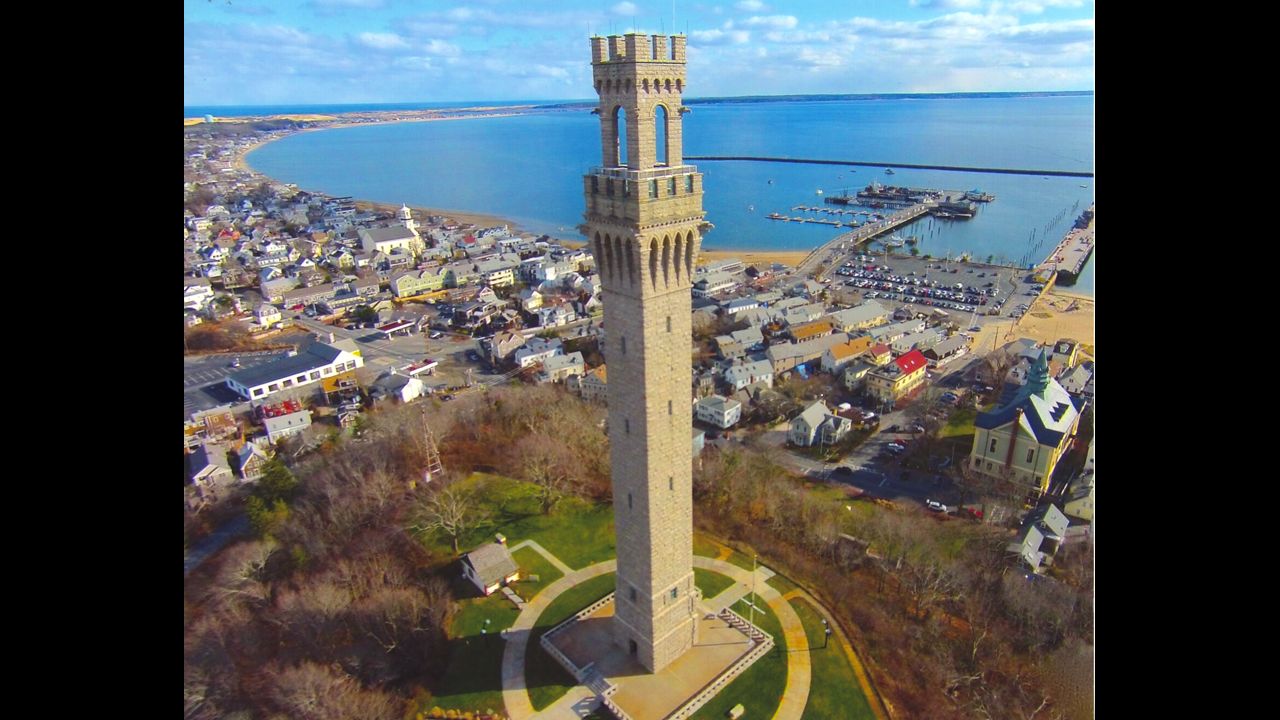 The Pilgrim Monument that towers over Provincetown honors the first landfall of the Mayflower Pilgrims on November 21, 1620. 