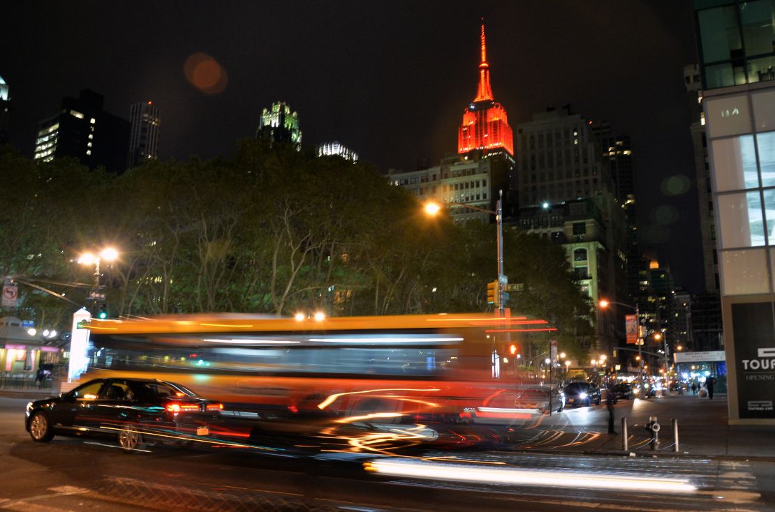 The Empire State Building is illuminated in red on election night, representing the victory of Republican party candidates in midterm U.S. Senate elections.