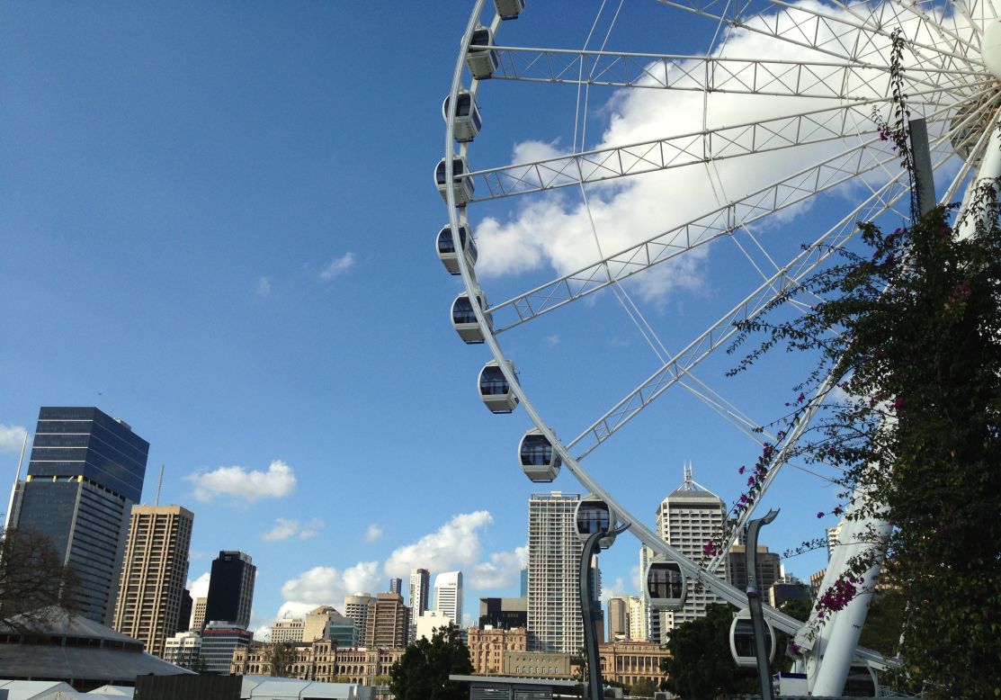 At the northern entrance of South Bank Parklands, the Wheel of Brisbane stands 60 meters tall. Each of the 42 air-conditioned capsules seats up to six adults and two children for a 12-minute ride.