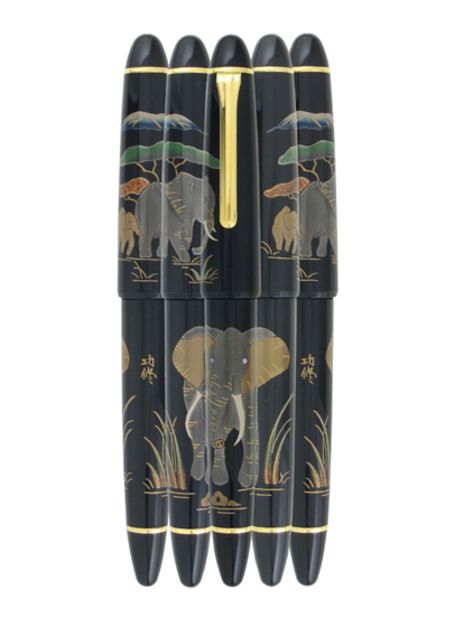 The gold-nibbed Sailor African Elephant Maki-e Limited Editional fountain pen comes with a pot of ink for added authenticity. 