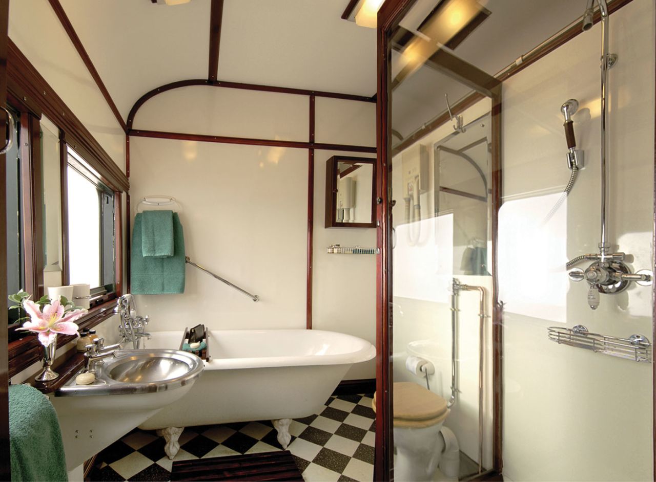 The Royal Suite on board the Rovos Rail train in South Africa features a bathtub.